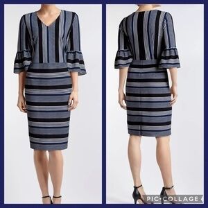 ECI Navy Blue &White Striped Bell Cuff Career Dressy Dress 6 NWT